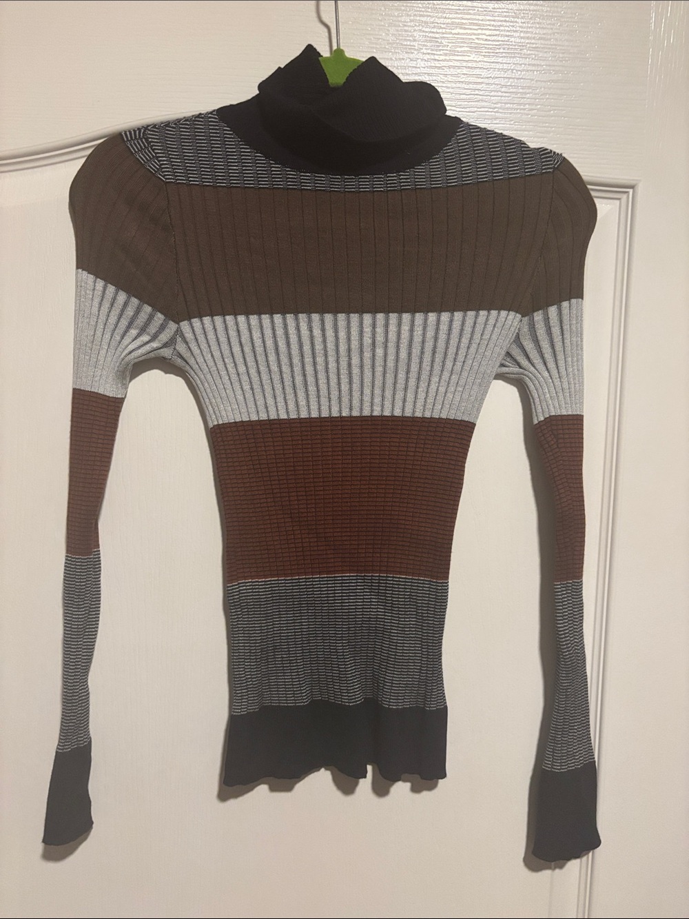 Fashion Nova Ribbed Stripe Turtleneck Sweater in Brown, Black, Gray